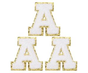PATIKIL Parches de Letras Termoadhesivas, 3Pcs Parches de Letras de Chenilla con Lentejuelas Bordadas para Reparar Jeans, Ropa, Bolsos, Sombreros, Camisetas, Manualidades, Blanco, Letra A