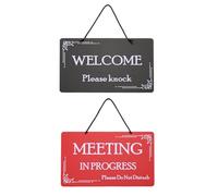 PATIKIL Reunión en Progreso No Molestar Puerta Colgante Letrero, PVC Doble Lado Bienvenido Por Favor Tocar Puerta Letrero Decoración para Oficina, Reunión, Sesión, Rojo Negro, 12" x 8"