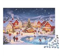 Patinaje en Plaza de Pueblo Nevado Puzzle de 1000 Piezas Papel para Adultos Escena Invernal Festiva Puzzle para Toda la Familia Relajación Decoración Regalo 52x38cm/1000pcs