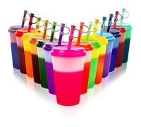 Patinao Juego de 14 vasos con pajita y tapa, 350 ml, con tapa que cambia de color, reutilizables, para niños, café helado, smoothie cup, taza de viaje (con tapa de pajita de silicona)