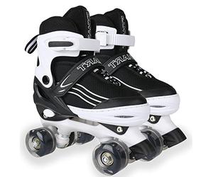 Patines de Ruedas para Niñas, Niños y Jóvenes, Patines de Ruedas Ajustables en 4 Tamaños con Ruedas Luminosas para Principiantes, Patines Deportivos Quad Blanco y Negro, Grande