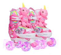 Patines de unicornio para niños pequeños, 4 tamaños ajustables con ruedas iluminadas brillantes, patines cuádruples arcoíris para niñas, principiantes, regalos de cumpleaños de Navidad