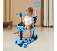 Patinete con asiento 5 en 1, Patinete para niños, Patinete 3 ruedas LED, 3 ruedas bandeja antideslizante LED, Patinete Triciclo ajustable en altura, 5 en 1 (A) Blu