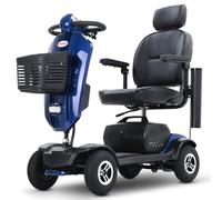 Patinete de movilidad para personas mayores, 4 ruedas, motor de 300 W, alcance de 25 km, reposacabezas giratorio 360°, parabrisas, neumáticos, amortiguador, USB, portavasos, LED, azul