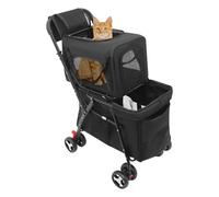 Patinete doble para mascotas, 2 niveles, plegable, con caja de transporte extraíble y 4 ruedas para gatos y perros, 7 kg, negro, 51 x 64 x 105 cm