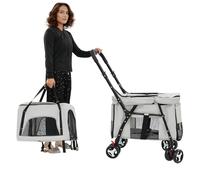 Patinete doble plegable para mascotas con caja de transporte desmontable, 51 x 64 x 105 cm, gris, de acero al carbono y tela Oxford, para gatos y perros, ideal para paseos y excursiones de