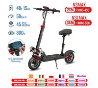 Patinete eléctrico con asiento, velocidad máxima de 800W, rango de 45-50 km/h, 35-55km, neumáticos todoterreno de 10 pulgadas, Scooter plegable con doble absorción de impacto N3LMAX 48V 15Ah 800W
