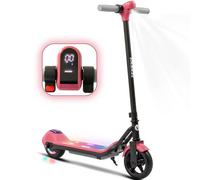 Patinete eléctrico infantil para 6 - 12 años, 120 W, 3 - 8 km autonomía, scooter eléctrico plegable, EBS garantiza una parada, máx. 14 km/h, luces LED coloridas, pantalla LED, velocidad 14 km/h (rosa)