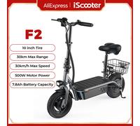 Patinete Eléctrico iScooter F2 de 10 Pulgadas, 500W, 30km/h, Plegable, con Batería de 7.8Ah y Alcance de 30km, con Cesta, para Uso Diario Negro