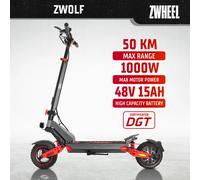 Patinete eléctrico ZWHEEL ZWolf con certificado DGT, motor de 1000W, batería de 15Ah y 48V, neumático todoterreno sin cámara de 10 pulgadas, autonomía de hasta 50 km, patinete eléctrico plegable para