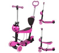 Patinete infantil 3 en 1 a 3 ruedas LED, altura ajustable | Sillín y respaldo extraíbles, bastón telescópico, carga máx. 20 kg, freno trasero, a partir de 2 años