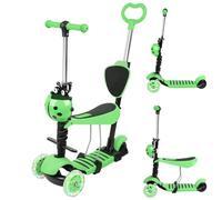 Patinete infantil 3 en 1 a 3 ruedas LED, altura ajustable | Sillín y respaldo extraíbles, bastón telescópico, carga máx. 20 kg, freno trasero, a partir de 2 años