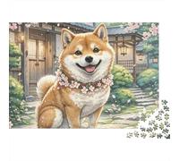 Patio japonés Shiba Inu Puzzle de 1000 Piezas Papel para Adultos Sakura Juego de Puzzle 1000 Piezas Familia Relajación Decoración 52x38cm/1000pcs