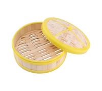 PATKAW Vaporera de Bambú con Tapa de 20 Cm para Cocinar al Vapor Alimentos y Bollos, Cesta Práctica y Segura con Borde Plástico Amarillo para Uso en Casa