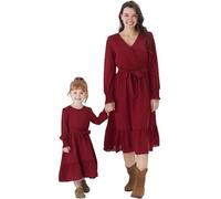 PATPAT Set de vestidos para madre e hija de manga larga con costuras, monocromático, conjuntos familiares, vestidos para niñas con look a juego, vestido de playa para madre e hija, look a juego para