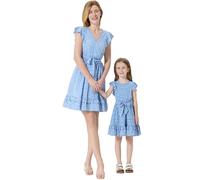PATPAT Set de vestidos para madre e hija: Vestido de lunares con mangas acampanadas para conjuntos familiares perfectos, Vestidos para bebé - niña/niña/mujer, azul claro, 6-9 meses