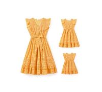 PATPAT Set de vestidos para madre e hija: Vestido de lunares con mangas acampanadas para conjuntos familiares perfectos, Vestidos para bebé - niña/niña/mujer, amarillo, 6-9 meses