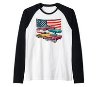 Patriotic American Flag Vintage Muscle Car Camiseta Manga Raglan