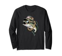 Patriotic Bass Fishing USA Dad Angler Graphic Design Manga Larga