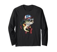 Patriotic Bass Fishing USA Dad Angler Graphic Design Manga Larga