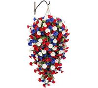 Patriotic Flower Basket, Red White Blue Artificial UV Resistant Tricolor Fake Flowers 4th Of July Porch Decor For Patio Home Garden Yard Pathway Balcony Decoration Outdoor Display Arrangement Use