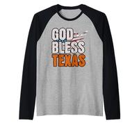 Patriotic God Bless Texas, Distressed American Flag Camiseta Manga Raglan
