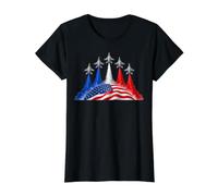 Patriotic Red White Blue USA Flag Fighter Jets 4th of July Camiseta gráfica económica, Mujer, Negro, L