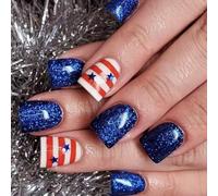 Patriotic Short Square Falso French Tip Press On Full Covers Fake Independence Day Glues On
