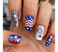 Patriotic Short Square Falso French Tip Press On Full Covers Fake Independence Day Glues On