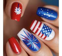 Patriotic Short Square Falso French Tip Press On Full Covers Fake Independence Day Glues On