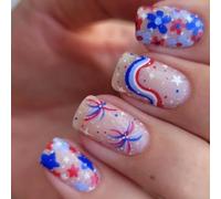 Patriotic Short Square Falso French Tip Press On Full Covers Fake Independence Day Glues On
