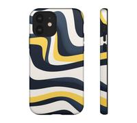 Patrón abstracto de líneas onduladas en azul marino y amarillo, funda resistente brillante, compatible con iPhone 12