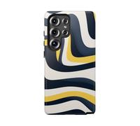 Patrón abstracto de líneas onduladas en azul marino y amarillo, funda resistente brillante, compatible con Samsung Galaxy S25 Ultra