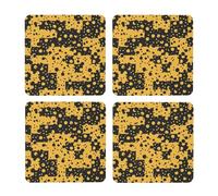 Patrón Abstracto Negro y Amarillo,Posavasos Cuadrados de Corcho MDF, Almohadilla para Tazas, Juego de 4 Posavasos para Bebidas