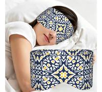 Patrón de azulejos mediterráneos azul marino y amarillo, Antifaz para dormir, ideal para el hogar, viajes y trabajo por turnos. Cubre completamente los ojos y bloquea la luz.