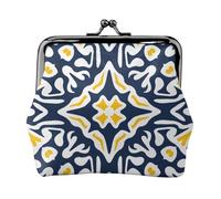 Patrón de Azulejos mediterráneos Azul Marino y Amarillo,Monedero de Piel sintética, Carteras pequeñas, Monedero con Cierre de Broche