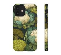 Patrón de brócoli y coliflor dibujado a mano, funda resistente mate, compatible con iPhone 12, color verde