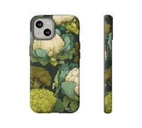 Patrón de brócoli y coliflor dibujado a mano, funda resistente mate, compatible con iPhone 14, color verde