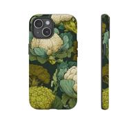 Patrón de brócoli y coliflor dibujado a mano, funda resistente mate, compatible con iPhone 15, color verde