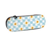 Patrón De Cuadros A Cuadros Azules Flores Margaritas Retro, Estuche para lápices Estuche para lápices de cuero de PU Estuche para lápices de gran capacidad Estuche para lápices Bolsa de cosméticos