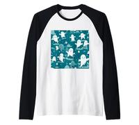 Patrón de dibujos animados fantasma de Halloween turquesa y agua Camiseta Manga Raglan