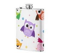 Patrón de estampado de búho lindo,Frasco de acero inoxidable 304 de 8 oz con funda de cuero sintético, frasco de bolsillo para licor plano para exteriores