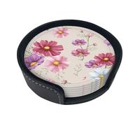 Patrón de Flor de Cosmos Dibujado a Mano,Juego de 6 Posavasos Redondos de Piel sintética con Soporte para el hogar, la Oficina y la Cocina.