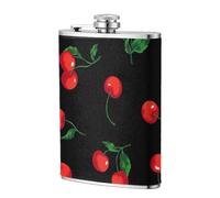 Patrón de fruta de cereza,Frasco de acero inoxidable 304 de 8 oz con funda de cuero sintético, frasco de bolsillo para licor plano para exteriores