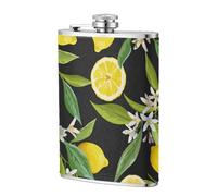 Patrón de fruta de limón,Frasco de acero inoxidable 304 de 8 oz con funda de cuero sintético, frasco de bolsillo para licor plano para exteriores
