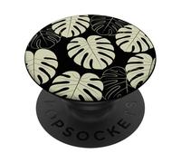 Patrón De Hoja De Monstera Negro Tropical Planta Botánica PopSockets PopGrip Adhesivo