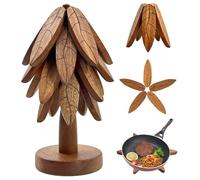 Patrón de Hojas de Madera para Platos Calientes, Juego de 4 Trivetes de Madera con Diseño de, Protector para Ollas, Sartenes,Ideal para Cocina, Decoración Posavasos (con Soporte)