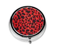 Patrón de leopardo rojo. Este pequeño pastillero redondo impreso es un organizador portátil de pastillas y vitaminas perfecto para bolsillos, bolsos y viajes.