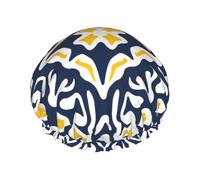 Patrón de mosaico mediterráneo azul marino y amarillo,Gorro de ducha, gorro de noche, gorro de baño elástico impermeable de doble capa, reutilizable para el cabello.