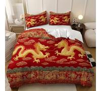 PatróN de Nube de DragóN Dorado de Lujo Juego de Funda Nórdica Cama 135 con Cremallera Hipoalergénico Suave Estampada 3D Rojo Juego de Cama 1 Funda de EdredóN 2 Fundas de Almohada 220x220 cm